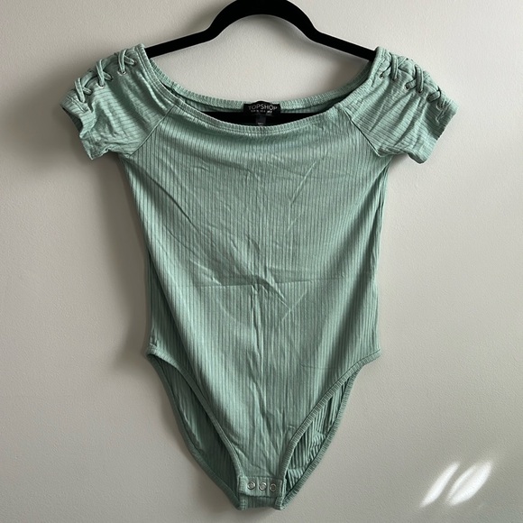 Topshop Tops - Topshop mint green off the shoulder bodysuit crisscross lace details